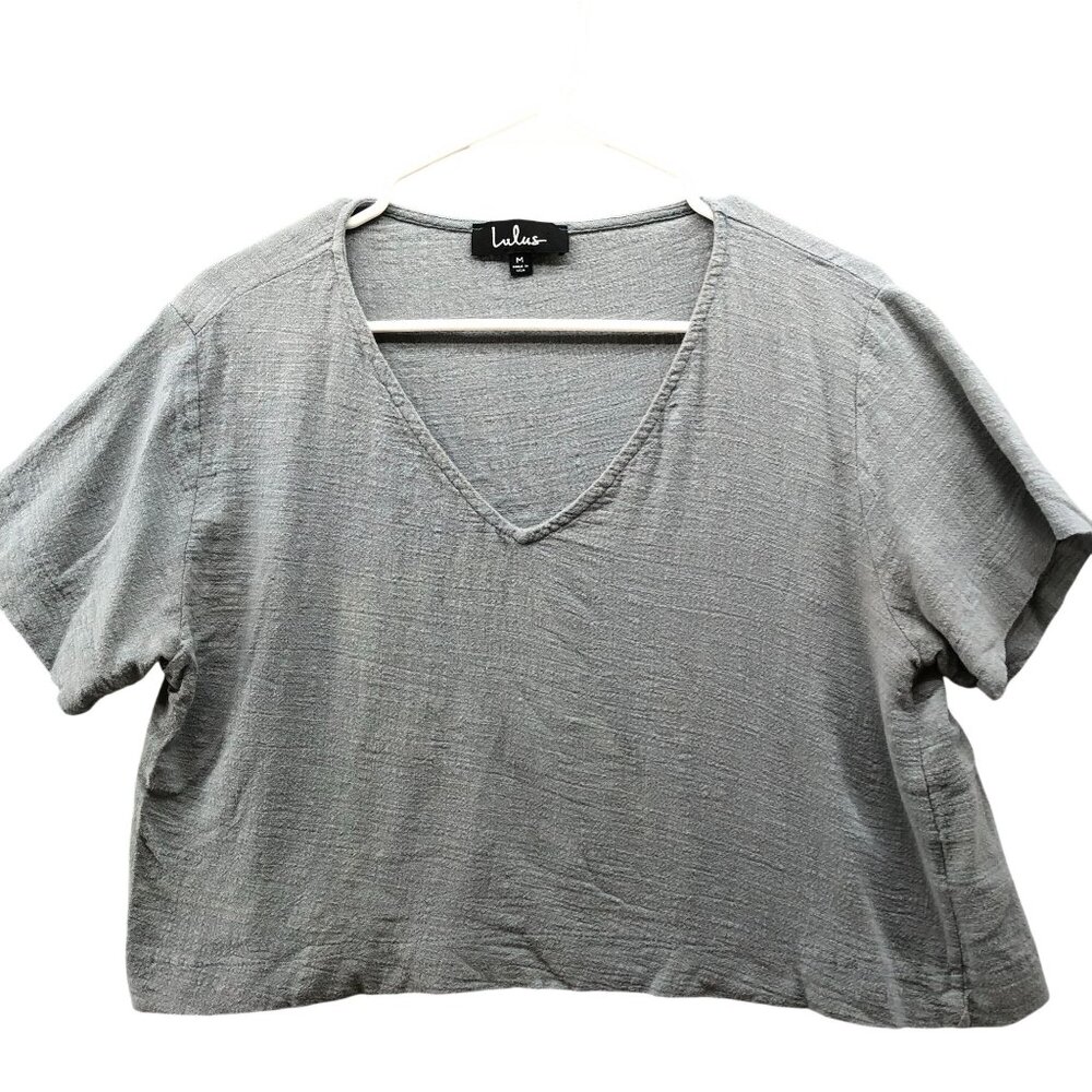 Lulus Gauzy Cotton T‎ Shirt Womens M V-Neck Short Sleeve Cropped Boxy Gray